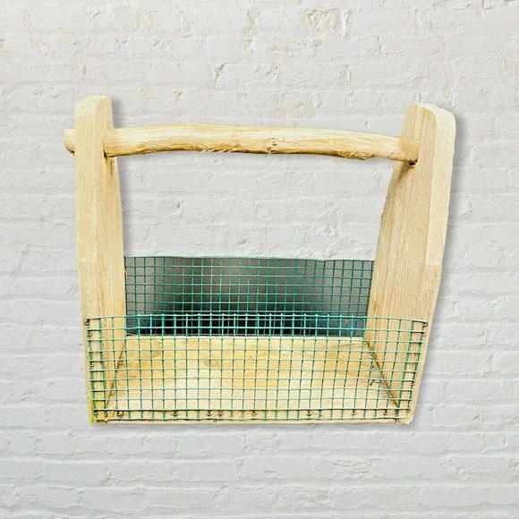 Primitive Rustic Wood and Metal Wire Storage Basket Farmhouse Barn Art